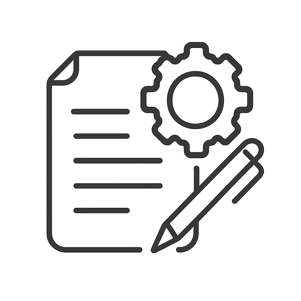 An editor's icon with a gear, a pencil, and a document.