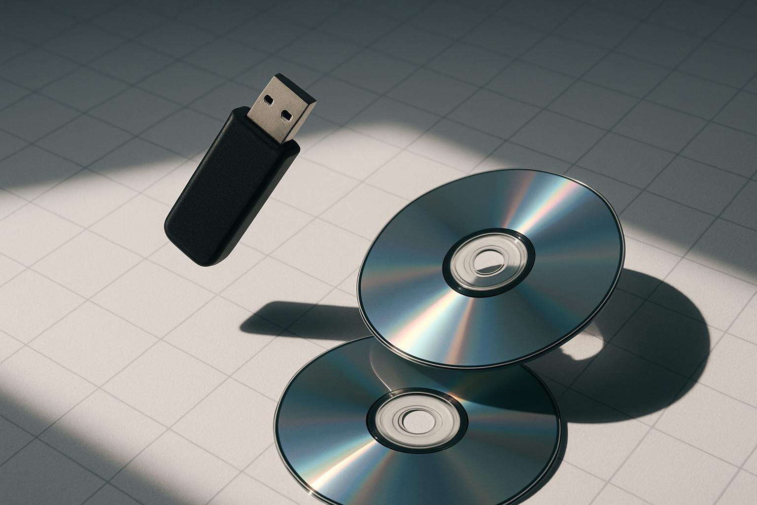 Two silver CDs and a black flash drive are arranged conceptually, suggesting the storage and transfer of digital data