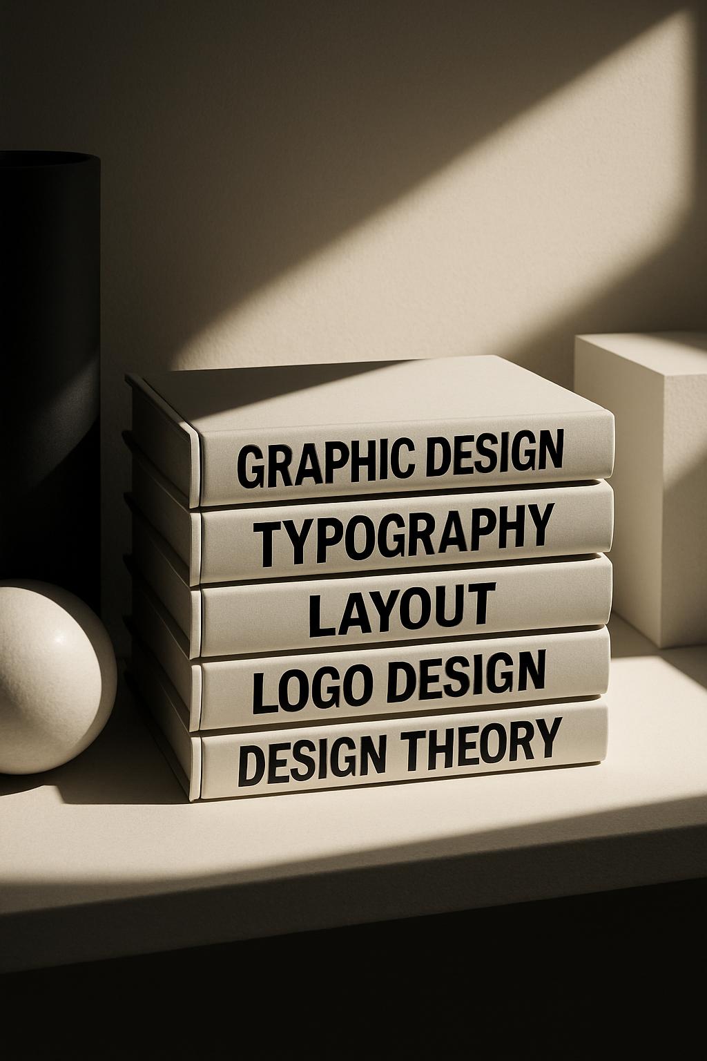 Stack of books with 'Graphic Design', 'Typography', 'Layout', 'Logo Design', and 'Design Theory' labels and other items on...