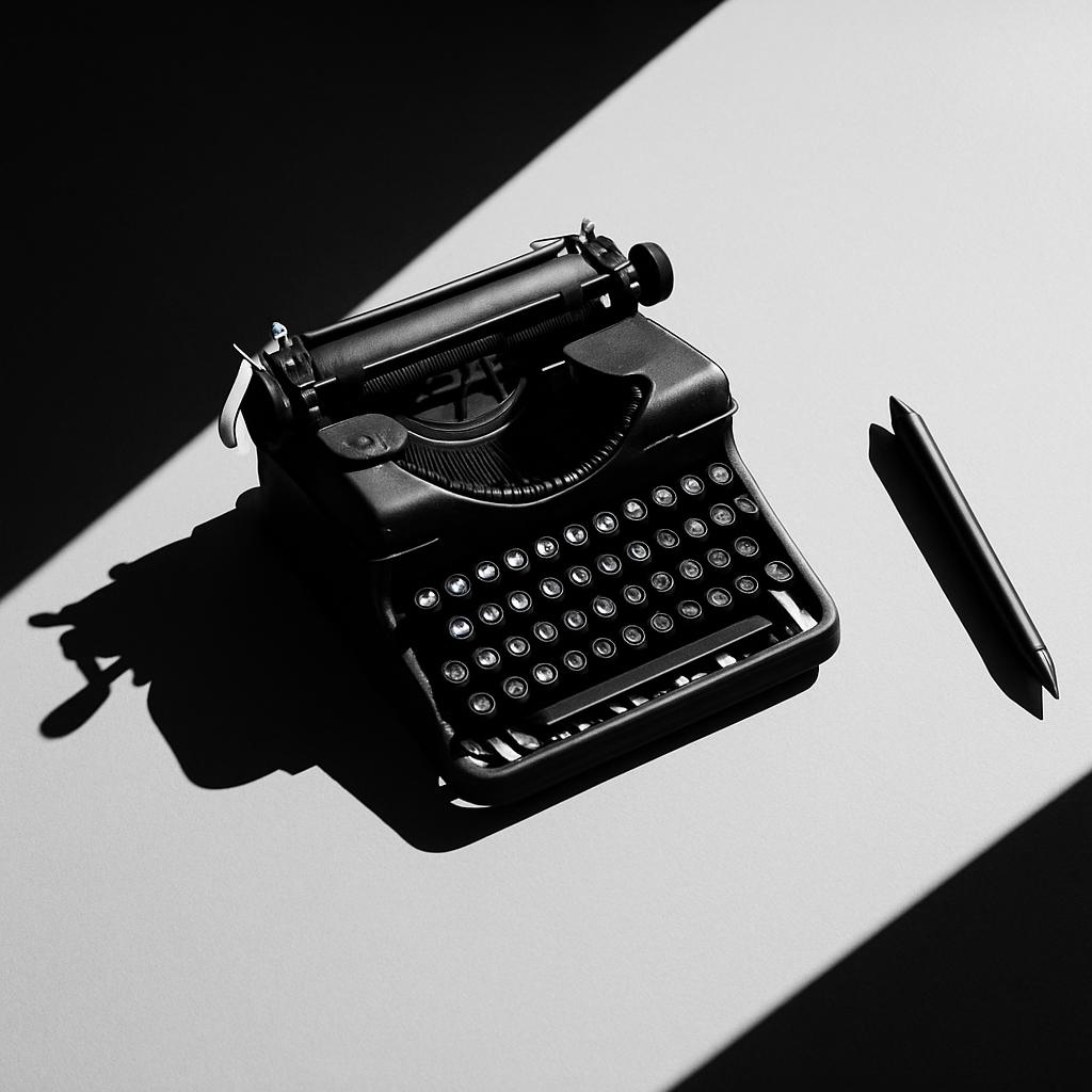 A studio photograph of an old basic typewriter in black and white with a light source shining across it.