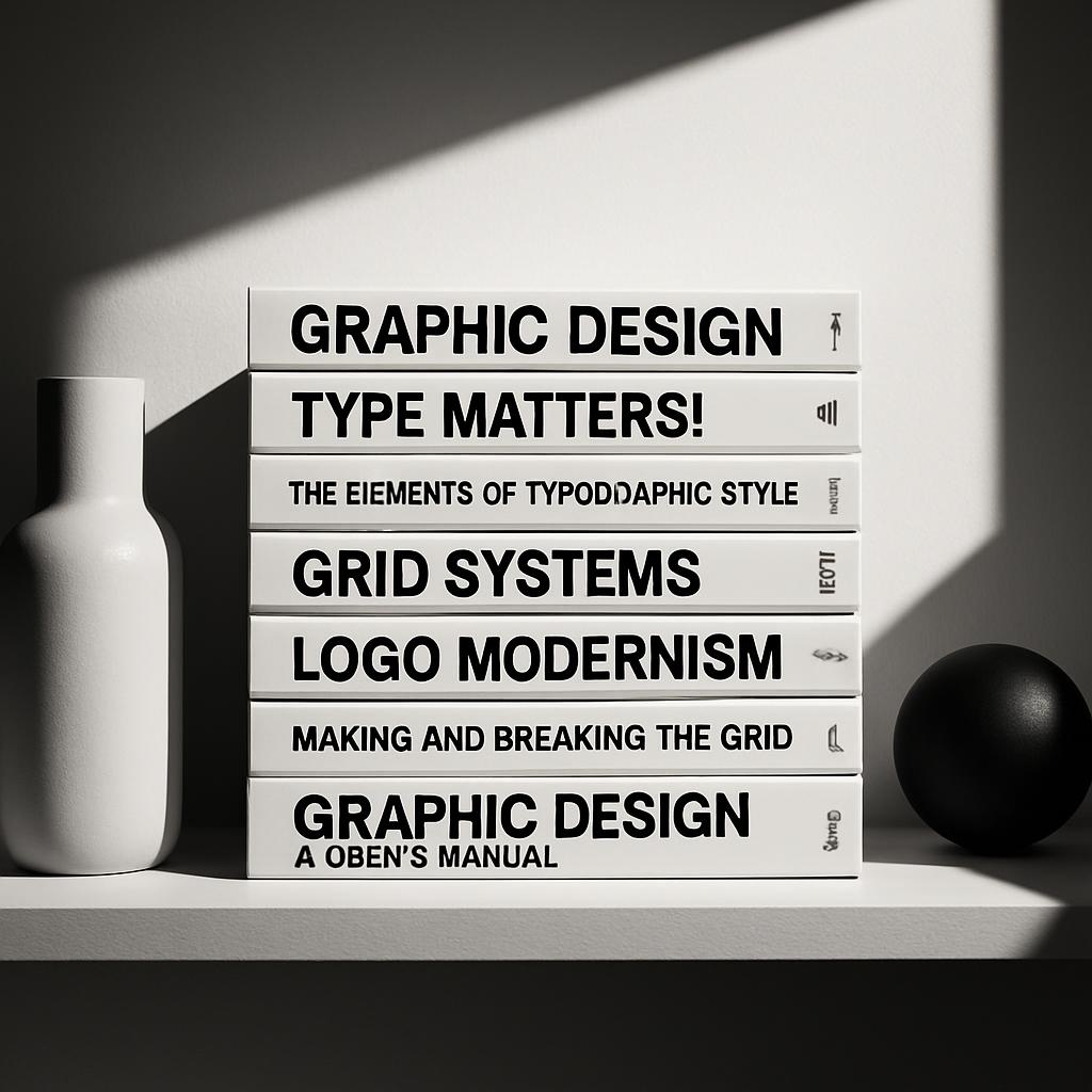 A stack of graphic design and typography books on a light grey table, accompanied by a white vase and a black orb, photogr...