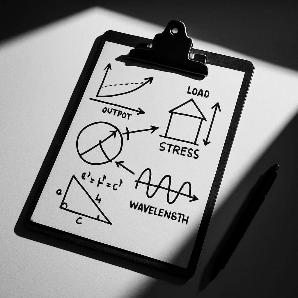 A black and white clipboard displaying calculative graphs and formulas. It appears to be mathematical in nature, based on ...