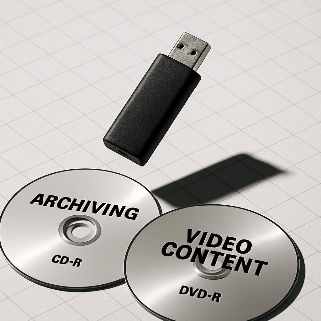 A grey backdrop with a USB drive, DVD, and CD on a grid pattern.